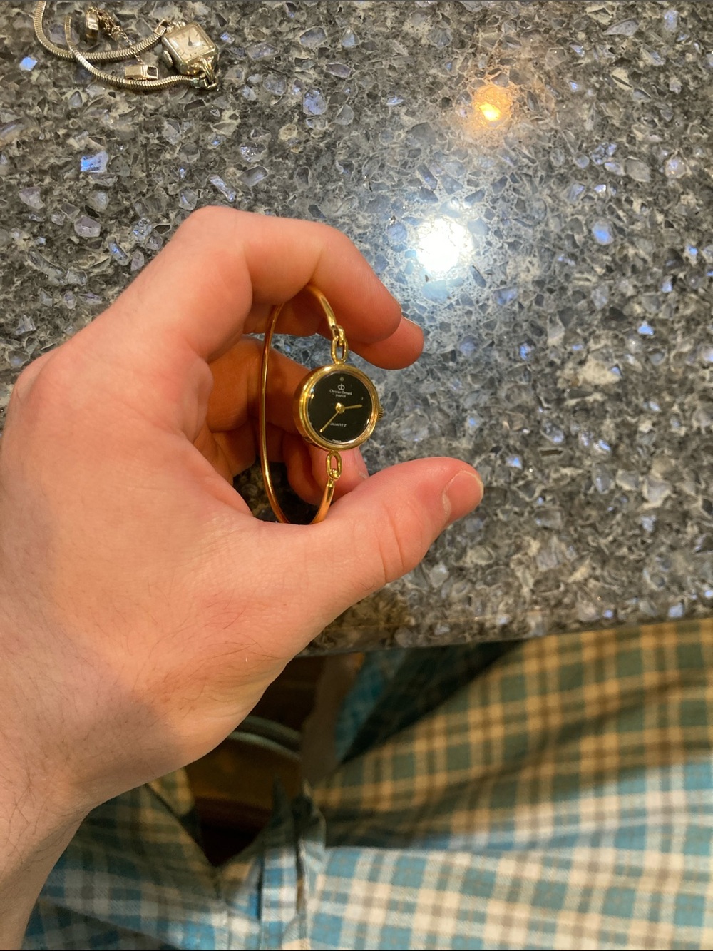 Gold Tone Bangle Watch with Black Dial